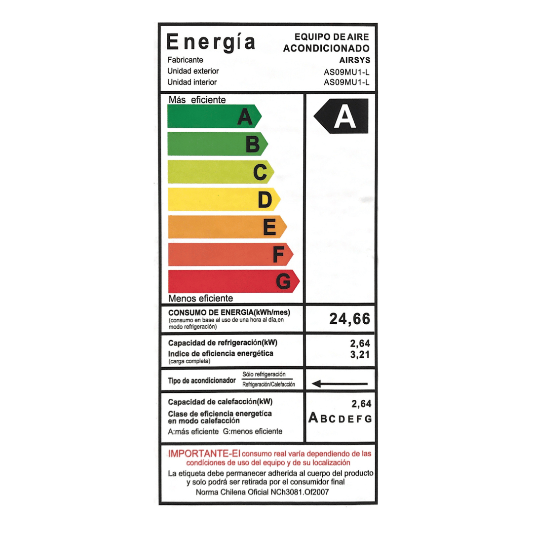 Aire Acondicionado Airsys Split Muro Convencional Modelo L 9/12 BTU